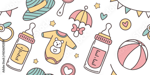 Adorable baby shower pattern with bottles, clothes, and decorations for nursery design projects