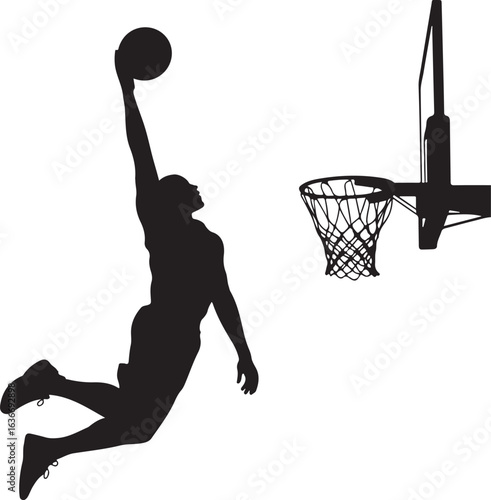 Black Silhouette of Basketball Player Jumping to Catch Lob Pass for Alley-Oop Dunk, Isolated on White Background