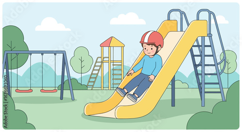 Boy Enjoying A Sunny Day At The Playground Sliding Down The Slide