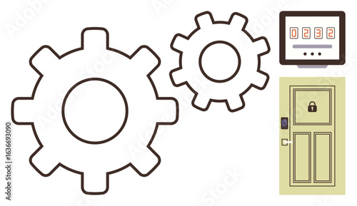 Two interlocking gears, locked door, and countdown screen combine to showcase teamwork, innovation, and critical thinking. Ideal for collaboration, strategy, puzzles, security concepts teamwork