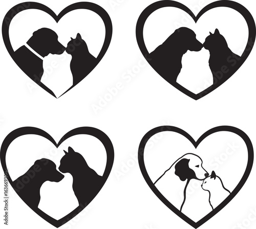 Four heart shaped silhouettes of dogs and cats showing affection silhouette