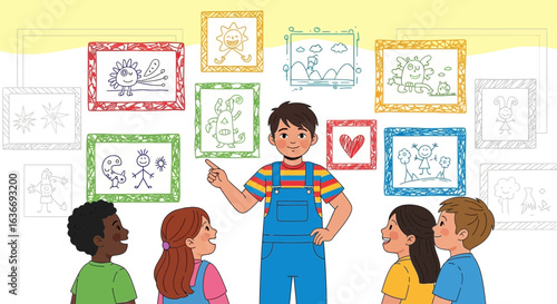 Boy Explaining Colorful Illustrations to Children at an Art Exhibition