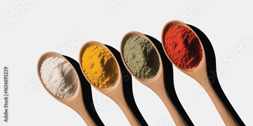 Four wooden spoons filled with colorful spices against a white background