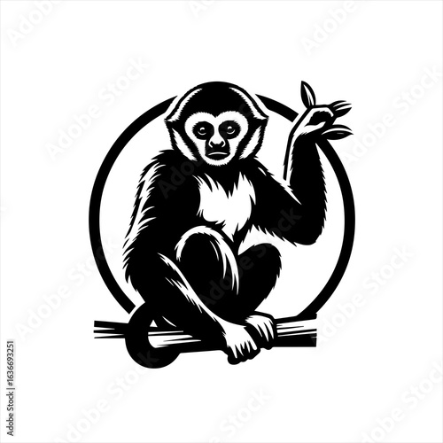 Stylized black and white monkey sitting on a branch inside a circle