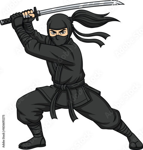 Cartoon Ninja with Katana — Black Outfit, Crouched Pose, Raised Sword, Masked Face, Combat-Ready Stance, Traditional Japanese Warrior