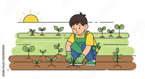 Boy gardening on a farm cultivating seedling during sunrise vector illustration