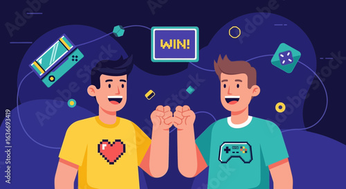 Celebrating victory: Gaming buddies triumph with fist bump and pixelated game icons