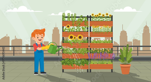 Boy gardening on urban rooftop with vertical garden and cityscape background shows sustainable urban lifestyle growing plants