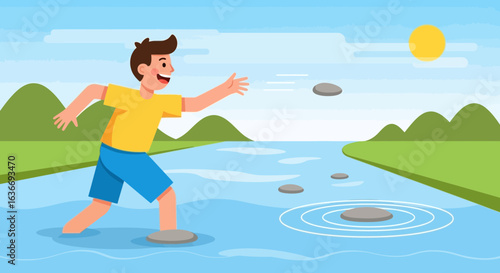 Boy Having Fun Skipping Stones On River Beautiful Sunny Day Scenery