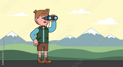 Boy Looks Through Binoculars In Front Of Mountain Range Landscape Vector