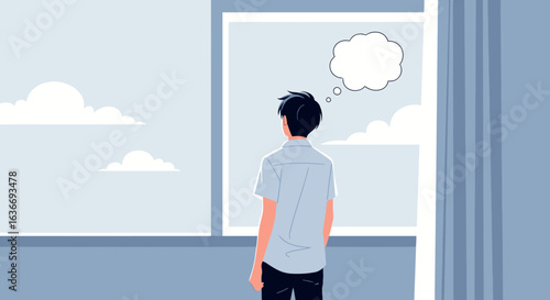 Boy Looking Through Window With Cloud Thought Bubble Above Head