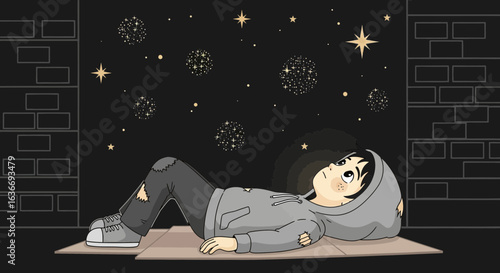 Boy Lying Down on Cardboard Looking at Stars in Night City Alley