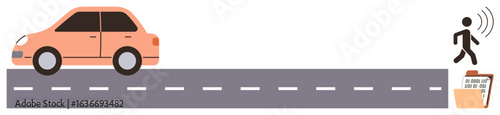 Orange car approaches pedestrian while sensor activates detection system. Ideal for technology, safety, innovation, AI, urban environment, transportation, mobility. Simplified flat design metaphor