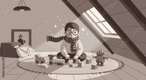 Boy In Glasses Playing With Toys Under Skylight In Attic Scene Illustration