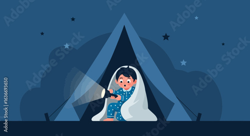 Boy In Homemade Tent With Flashlight At Night Creating Childhood Memories