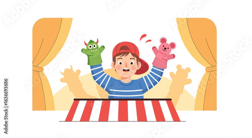 Boy Performs a Puppet Show With a Monster and a Teddy Bear Cute Fun
