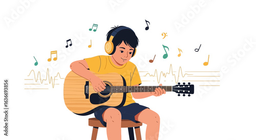 Boy plays guitar with headphones, music notes background, creative atmosphere, vector illustration