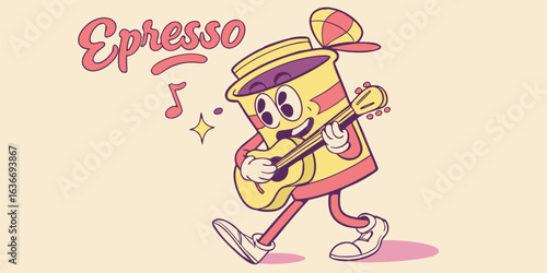 Groovy espresso cup character playing guitar, spreading musical joy with retro cartoon charm, fun design