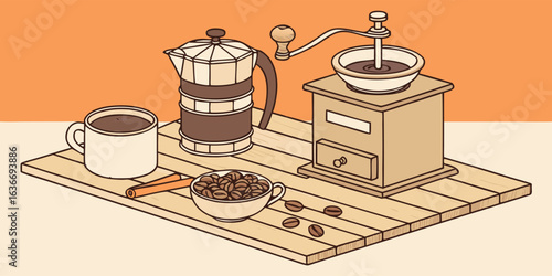 Enjoying a fresh cup of coffee with an old fashioned grinder, espresso maker and cinnamon sticks