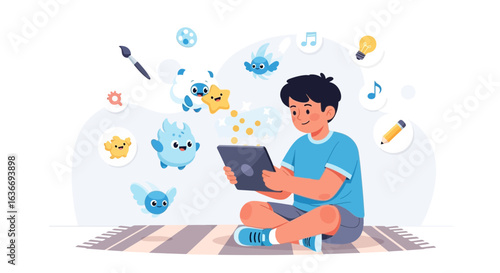 Boy interacts with augmented reality application on tablet with cute fantasy creatures and education icons