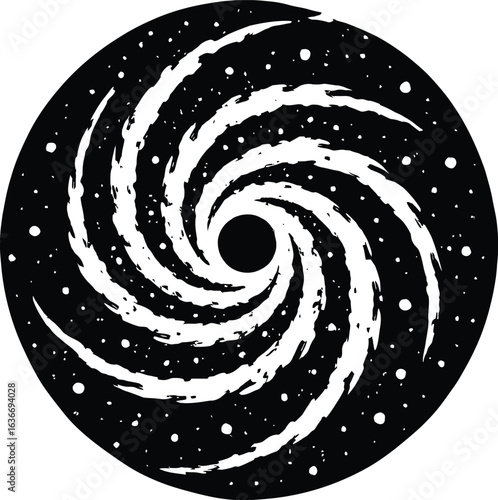 A black and white vector illustration of a swirling galactic vortex or black hole with stars and cosmic dust, perfect for space, science, and abstract designs.