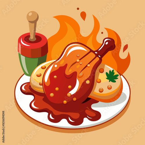 Roasted chicken leg with gravy and accompaniments on a plate. served with fire flames in the background. Colorful. cartoonish illustration of a delicious meal with implied Thanksgiving theme.