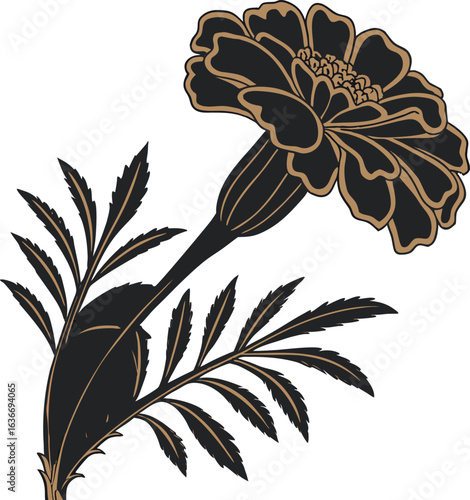 Bold black marigold flower with golden outline and detailed leaves vector EPS file