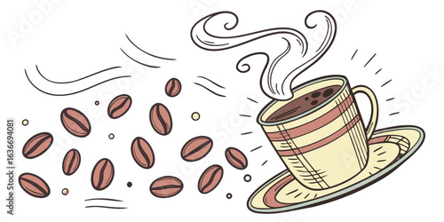 Freshly brewed coffee cup with aroma and coffee beans, perfect for coffee lovers everywhere