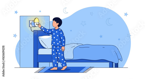Boy Ready For Sleep Turns Off The Light In His Starry Bedroom
