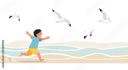 Boy Runs Towards Seagulls on Beachside Adventure With Open Arms Joyfully