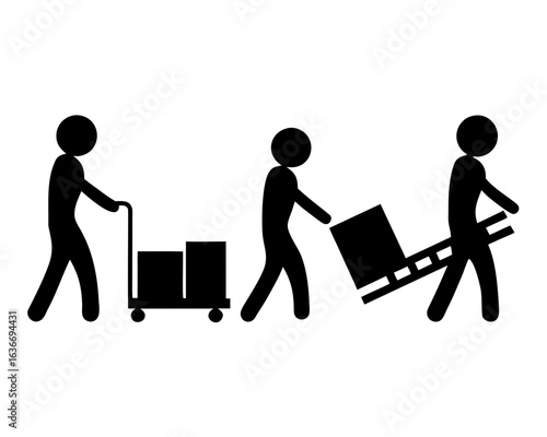 People moving items using carts and dollies silhouette