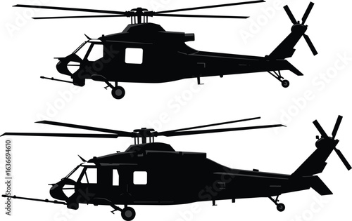 Helicopter silhouette illustration, black aircraft icons, rotor blade design, military transport concept, aviation graphic, isolated vector, side view