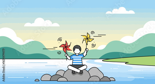 Boy Sitting on Rock by River Holding Pinwheels Under Sunny Sky Landscape