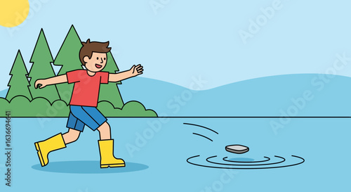 Boy Skimming Stone Across Lake Enjoying Outdoor Recreation at Summertime