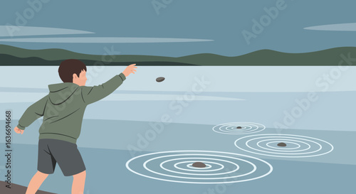 Boy Skipping Stones Across Calm Lake On Summer Day In Nature