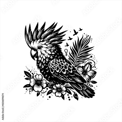 Stylized cockatoo with flowers isolated