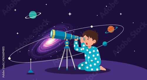 Boy stargazing with a telescope at night, exploring planets and galaxies in pajamas discovering space objects in the universe