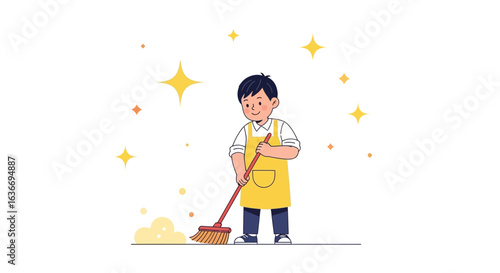 Boy Sweeping Home Illustration For Cleaning Concept With Stars Background