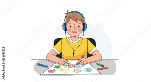 Boy wearing headphones happily drawing colorful circles with crayons on paper art