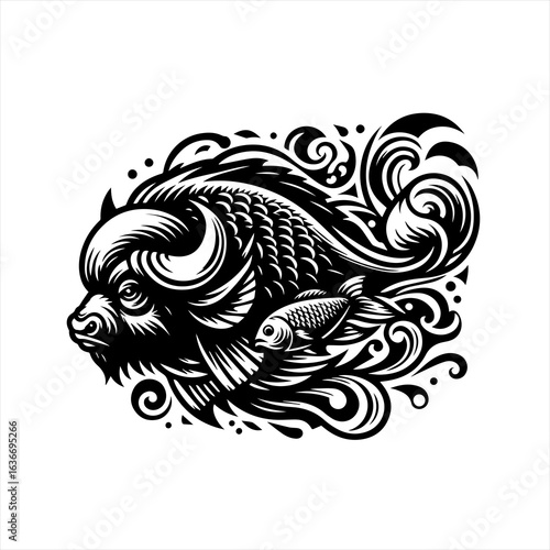 Wallpaper Mural Tribal style buffalo and fish illustration with water elements Torontodigital.ca