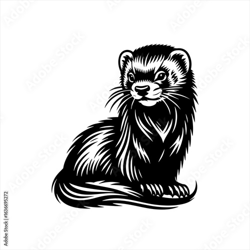 Black and white illustration of a cute ferret sitting