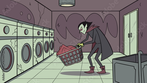 A cartoon vampire with green skin and a cape is doing laundry in a rundown laundromat pushing a basket of clothes