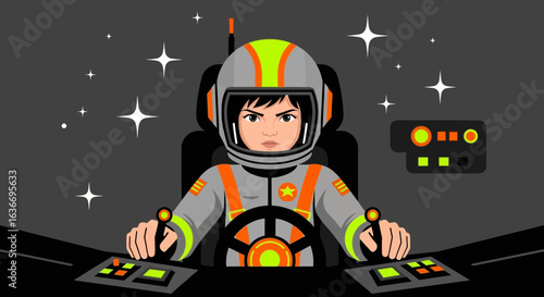 Brave Female Astronaut Pilot Steers Spaceship Through Starry Galaxy Adventure Journey