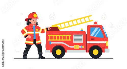 Brave Firefighter Beside Her Truck Prepared For an Emergency Call