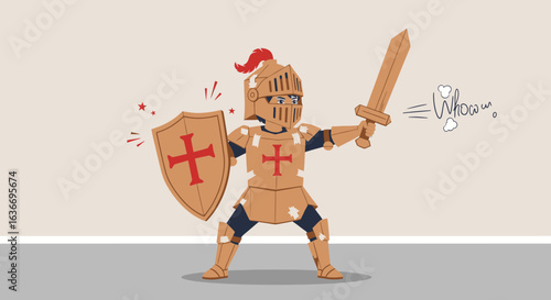Brave Knight Clad In Cardboard Armor Wielding Sword And Shield Cartoon