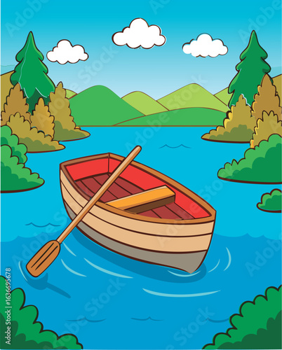 Cartoon rowboat on a placid lake with surrounding trees and hills. Relaxed. idyllic scene with a simple. playful design.