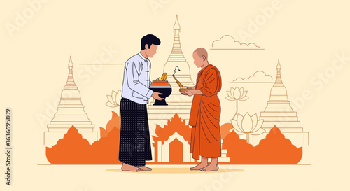 Burmese Giving Alms to Monk in Traditional Clothing Illustration Vector