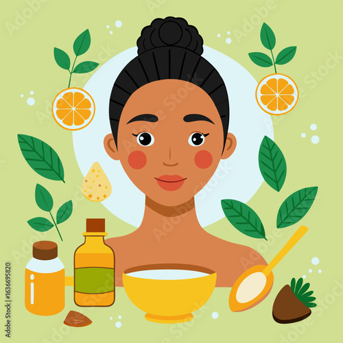 Dark skinned woman with a bun. demonstrating a natural skincare routine with organic ingredients. Smiling. serene. and surrounded by fresh citrus fruit. leaves. and natural beauty products.