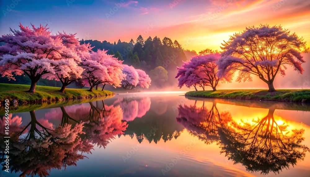 Obraz premium Blossom Trees Reflecting in Lake Water at Sunrise