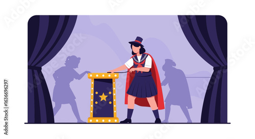 Captivating magician performing illusion on stage with dramatic curtains backdrop